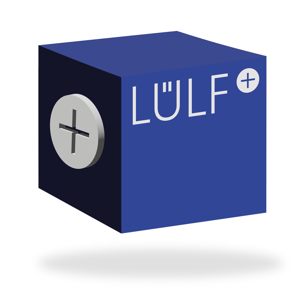 Ein blauer Würfel mit dem LÜLF+ Logo